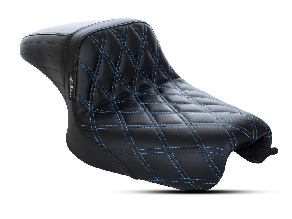 Kickflip Dual Seat with Blue Double Diamond Stitch. Fits Sportster 2004-2006 & Sportster 2010-2021 Models with either 3.3 or 4.5 Gallon Tank.