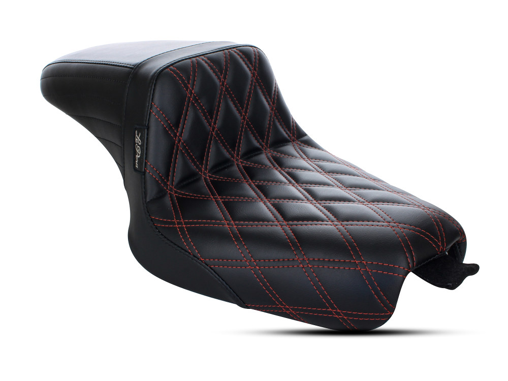 Kickflip Dual Seat with Red Double Diamond Stitch. Fits Sportster 2004-2006 & Sportster 2010-2021 Models with either 3.3 or 4.5 Gallon Tank.