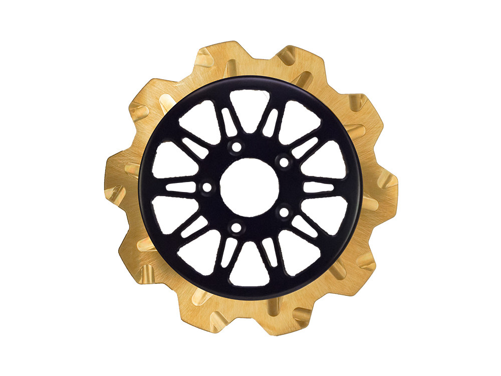 11.8in. Front Omega Crown Disc Rotor – Gold Band & Black Carrier. Fits Dyna 2006-2017, Softail 2015up, Sportster 2014-2021 & Some Touring 2008up.