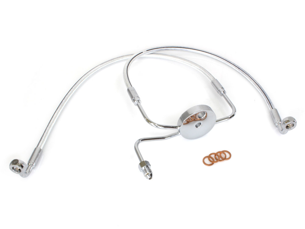 Lower Front Brake Line with T-Piece - Sterling Chromite. Fits Sportster & Dyna Models with Dual Front Calipers.