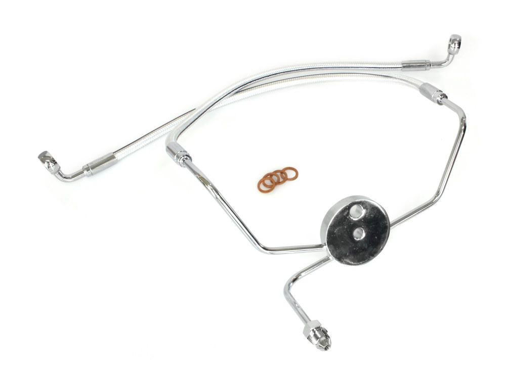 Lower Front Brake Line with T-Piece – Sterling Chromite. Fits Touring 1984-2007 with Dual Front Calipers.
