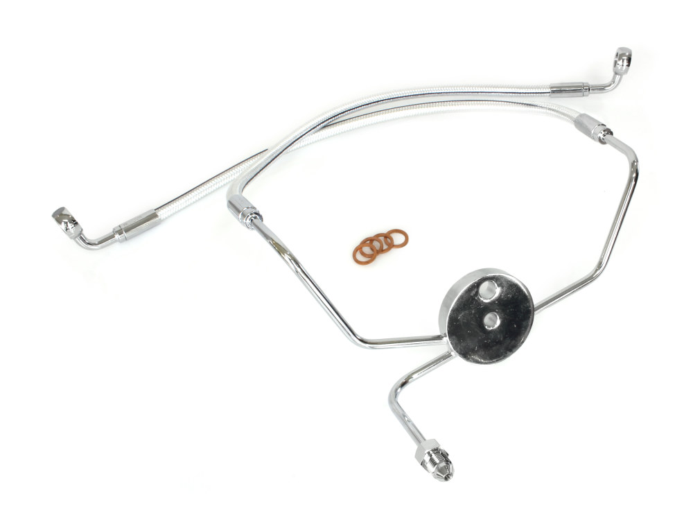 Lower Front Brake Line with T-Piece - Sterling Chromite. Fits Touring 1984-2007 with Dual Front Calipers.