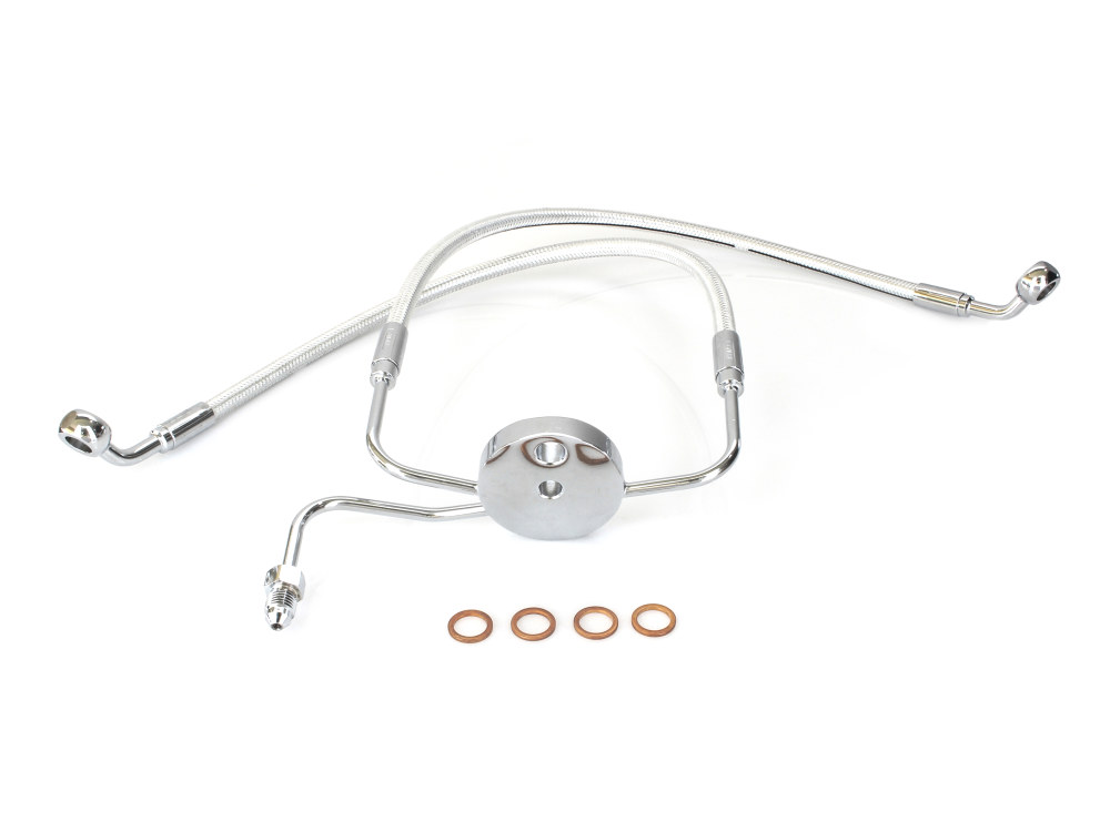 Lower Front Brake Line with T-Piece – Sterling Chromite. Fits Sportster 2004up with Dual Front Calipers.