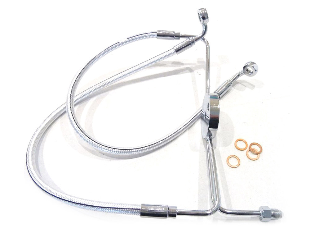 Lower Front Brake Line with T-Piece – Sterling Chromite. Fits Dyna Fat Bob 2008-2011 with Non-ABS & Dual Front Calipers.