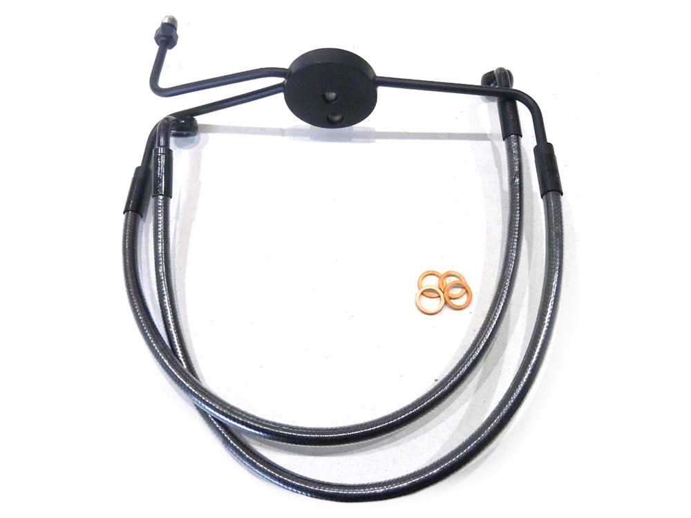 Lower Front Brake Line with T-Piece – Black Pearl. Fits Dyna Fat Bob 2008-2011 with Non-ABS & Dual Front Disc Calipers.