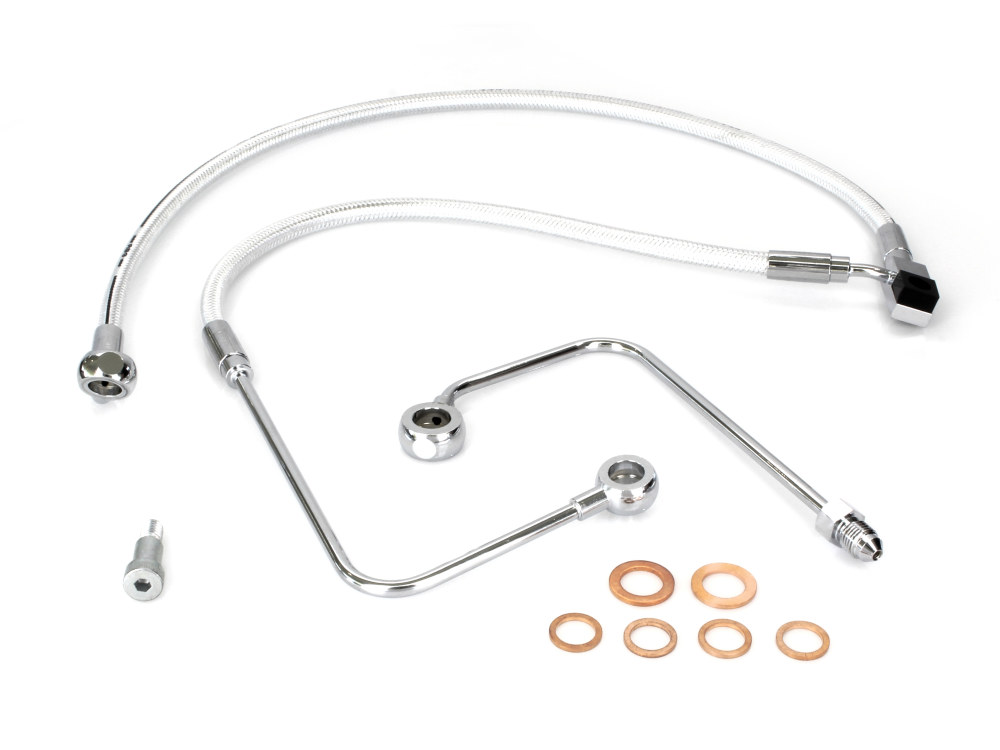 Stock Length Lower Front Brake Line – Sterling Chromite. Fits FXST Softail 2011-2015 & Rocker 2011 Models with Single Front Disc Caliper.