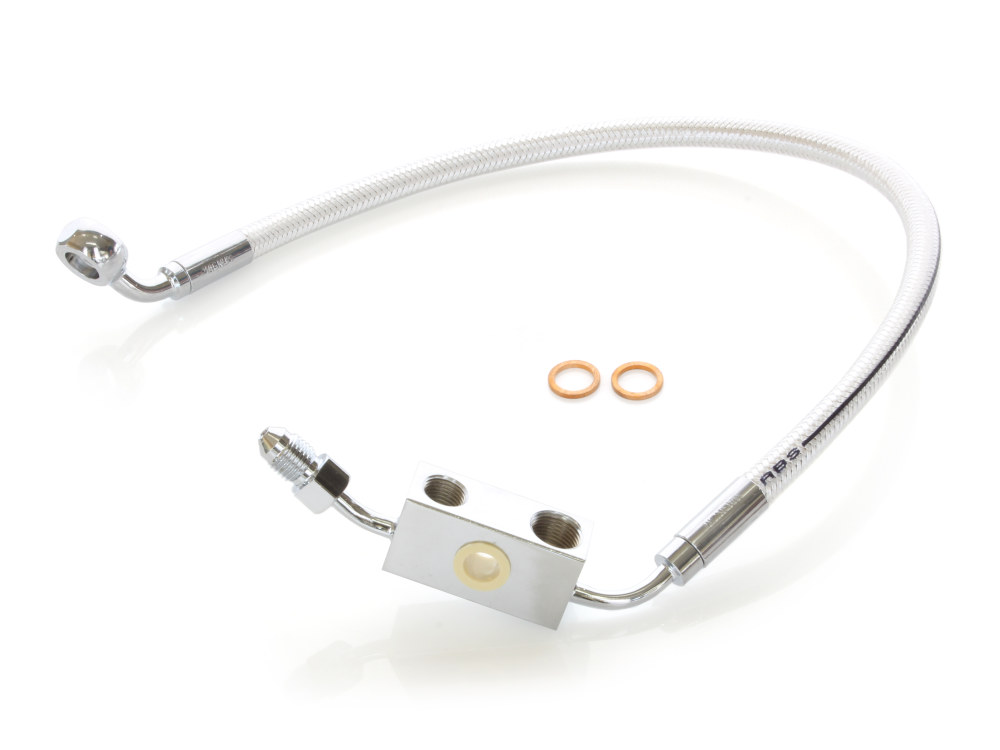 Stock Length Lower Front Brake Line – Sterling Chromite. Fits Sportster 2014-2021 with Single Front Disc Caliper.