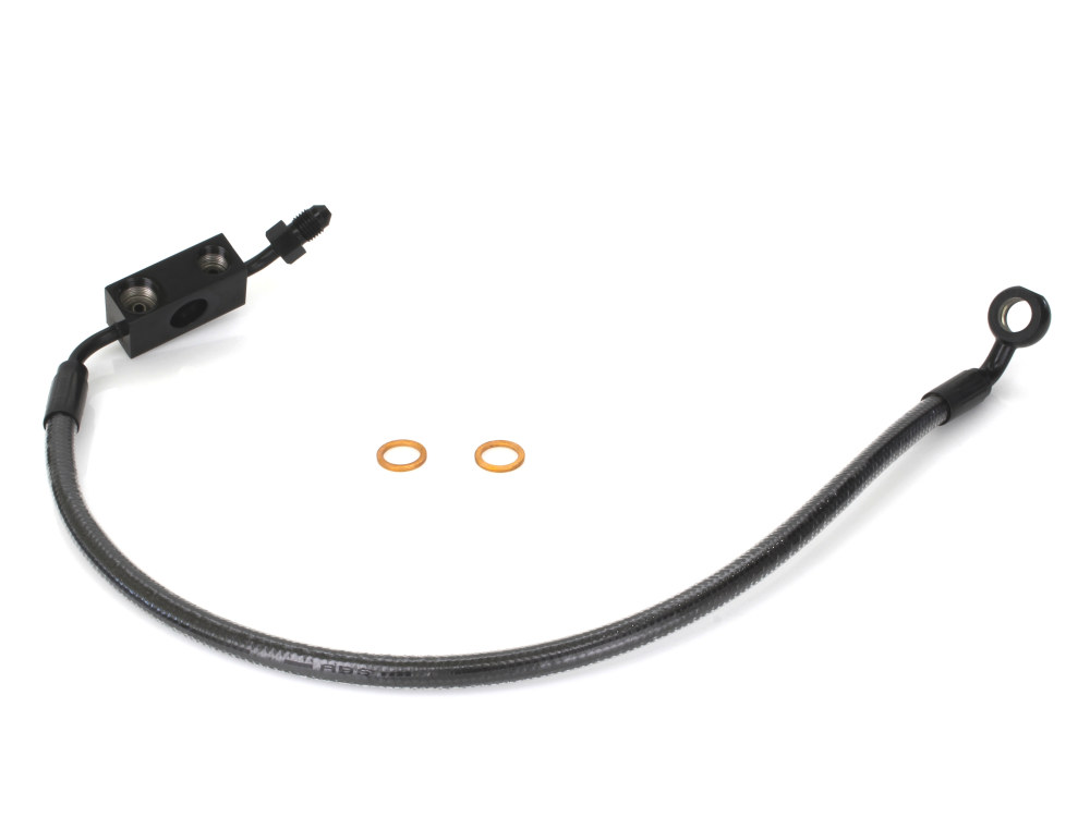 Stock Length Lower Front Brake Line – Black Pearl. Fits Sportster 2014-2021 with Single Front Disc Caliper.