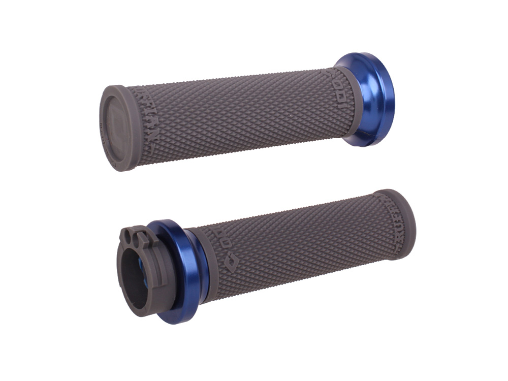 Ruffian Lock-On Handgrips - Graphite/Blue. Fits H-D with Throttle Cable.
