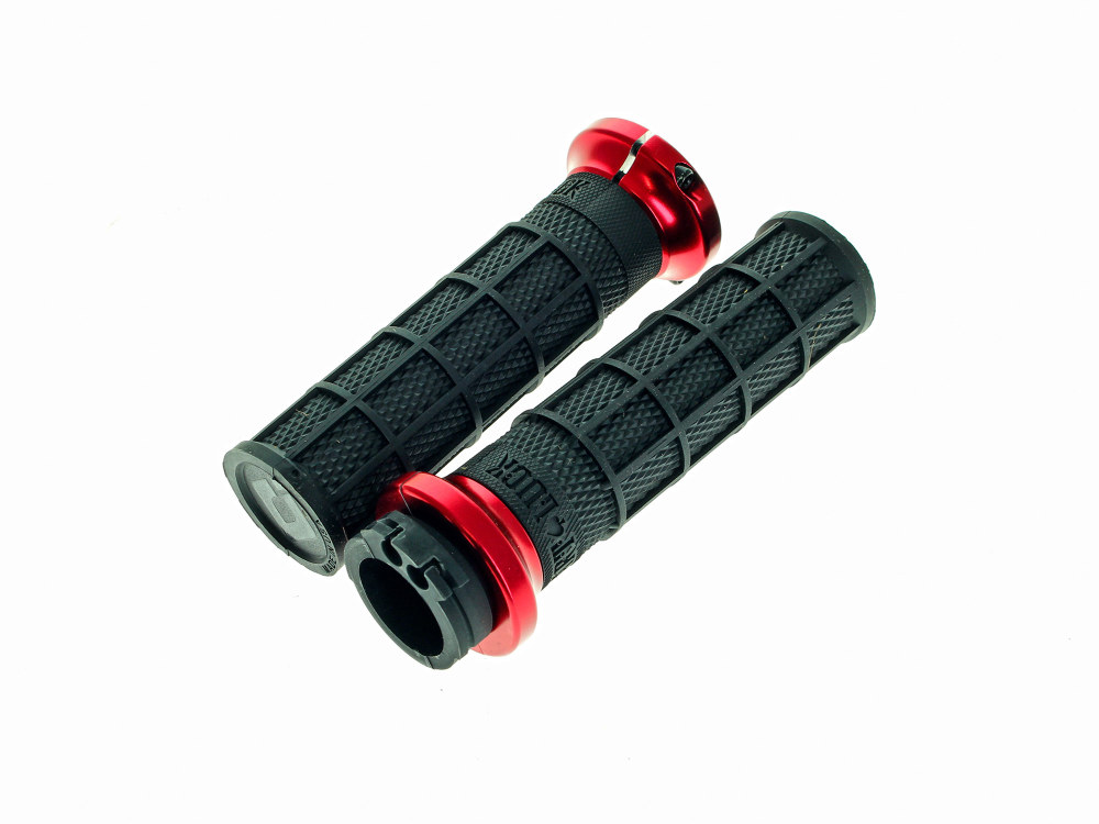 Hart-Luck Full Waffle Lock-On Handgrips – Red. Fits H-D with Throttle Cable.