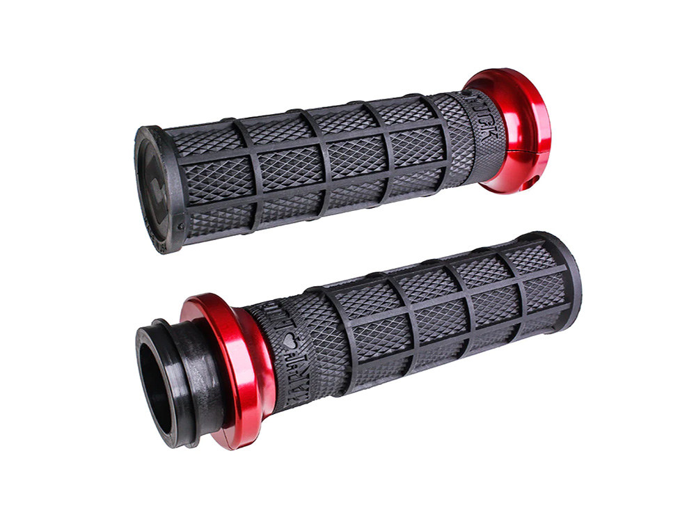 Hart-Luck Full Waffle Lock-On Handgrips - Red. Fits Big Twin 2008-2024 with Throttle-by-Wire