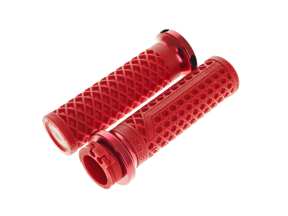 Vans Signature Lock-On Handgrips - Red/Red. Fits H-D with Throttle Cable.