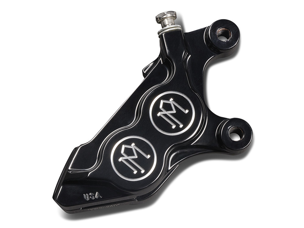 Right Hand Front 4 Piston Caliper - Black Contrast Cut. Fits Softail 2015up, V-Rod 2006-2017, Touring 2008up & Sportster 2014-2021