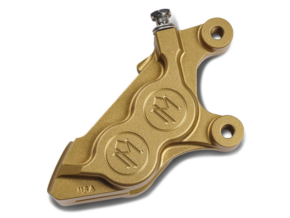 Right Hand Front 4 Piston Caliper – Gold. Fits Softail 2015up, V-Rod 2006-2017, Touring 2008up & Sportster 2014-2021