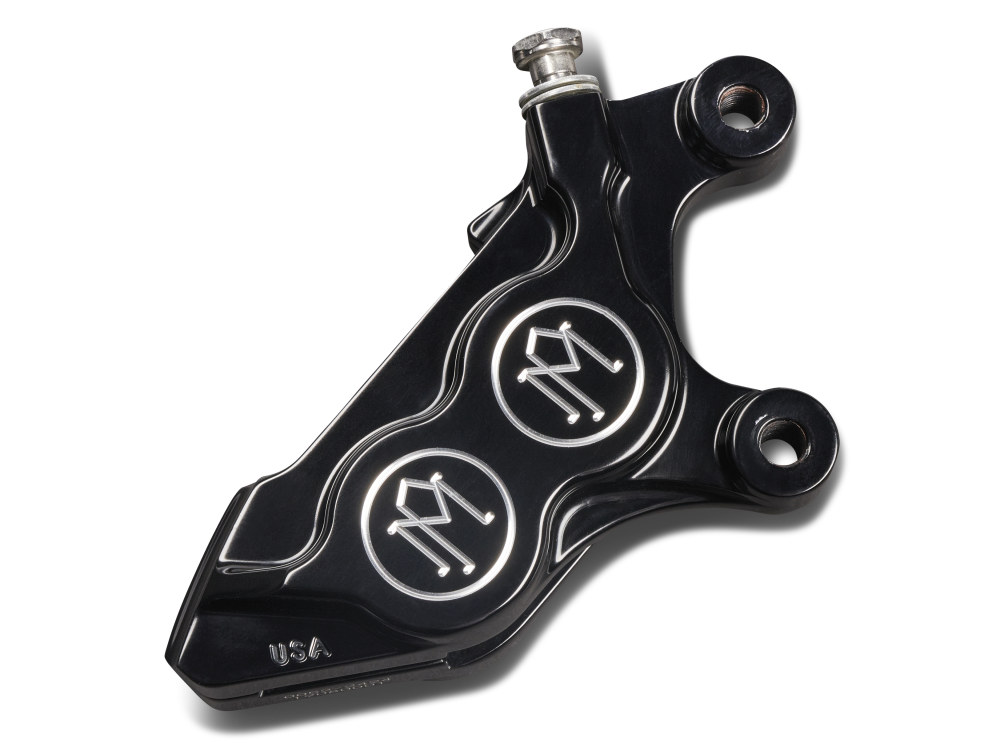 Left Hand Front 4 Piston Caliper – Black Contrast Cut. Fits Softail 2015up, V-Rod 2006-2017, Touring 2008up & Sportster 2014-2021