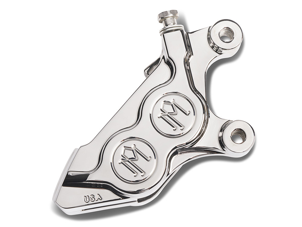 Left Hand Front 4 Piston Caliper - Chrome. Fits Softail 2015up, V-Rod 2006-2017, Touring 2008up & Sportster 2014-2021