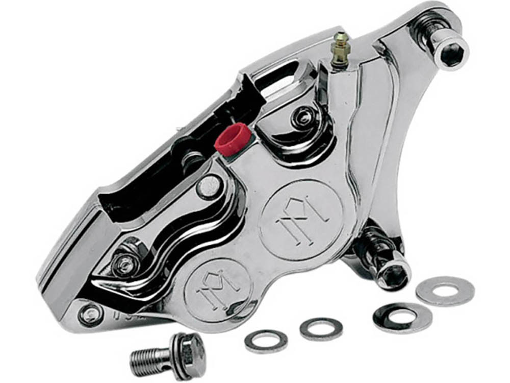 Right Hand Front 4 Piston Caliper – Chrome. Fits most Big Twin 1984-1999 with 11.5in. Disc Rotor.