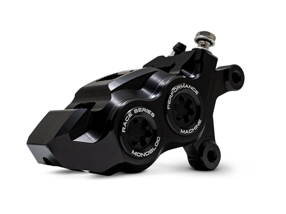 Right Hand Front 4 Piston Race Series Caliper - Black Ops. Fits Softail 2015up, V-Rod 2006-2017, Touring Most 2008-2024 & Sportster 2014-2021