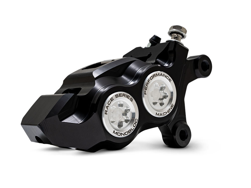 Right Hand Front 4 Piston Race Series Caliper - Black & Chrome. Fits Softail 2015up, V-Rod 2006-2017, Touring Most 2008-2024 & Sportster 2014-2021