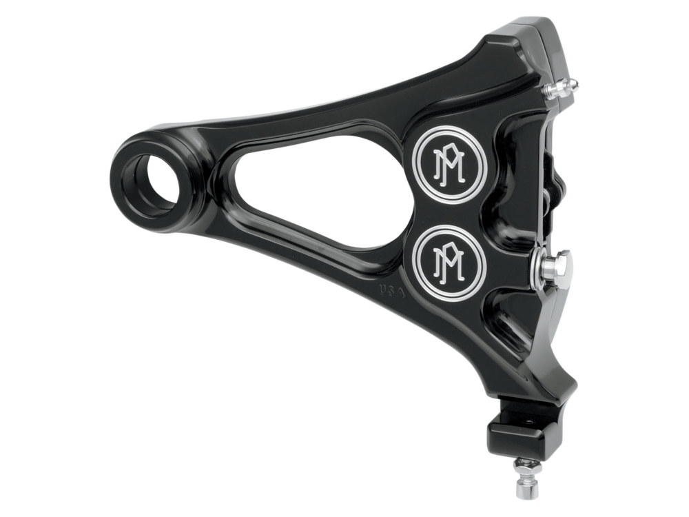 Right Hand Rear Integrated 4 Piston Caliper & Mounting Bracket – Black Contrast Cut. Fits Softail 2008-2017 & New Phatail Kits with 25mm Axle.