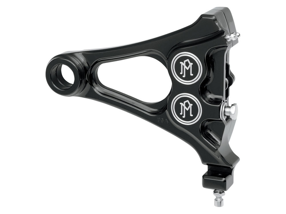 Right Hand Rear Integrated 4 Piston Caliper & Mounting Bracket - Black Contrast Cut. Fits Softail 2008-2017 & New Phatail Kits with 25mm Axle.