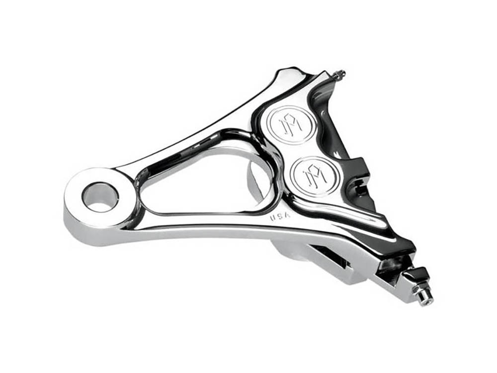 Right Hand  Rear Integrated 4 Piston Caliper & Mounting Bracket – Chrome. Fits Softail 2008-2017 & New Phatail Kits with 25mm Axle.