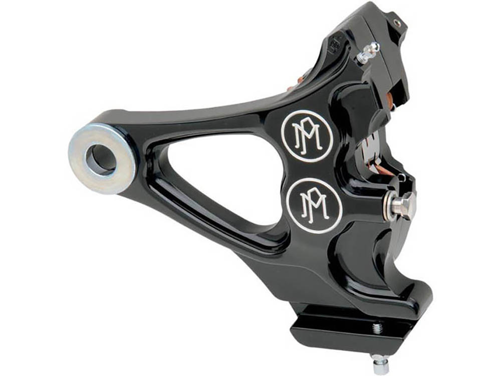 Right Hand Rear Integrated 4 Piston Caliper & Mounting Bracket – Black Contrast Cut. Fits Softail 1987-1999 with 3/4in. Rear Axle.