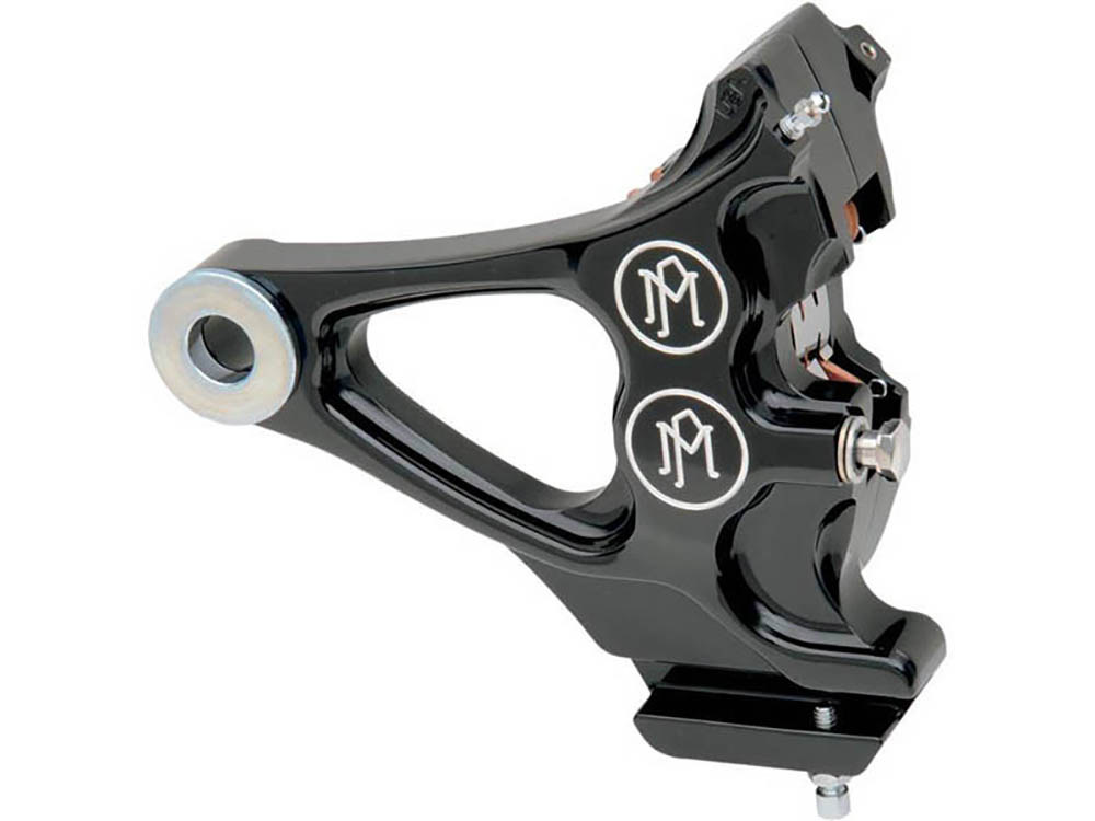 Right Hand Rear Integrated 4 Piston Caliper & Mounting Bracket - Black Contrast Cut. Fits Softail 1987-1999 with 3/4in. Rear Axle.