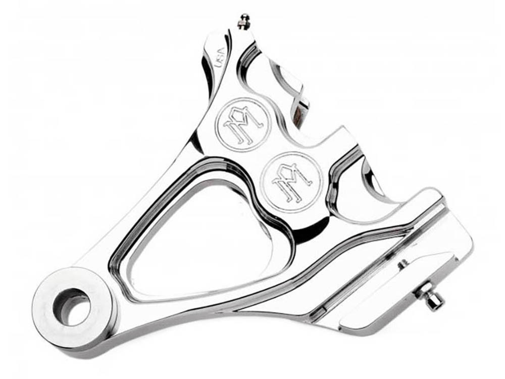 Right Hand Rear Integrated 4 Piston Caliper & Mounting Bracket - Chrome. Fits Softail 1987-1999 with 3/4in. Rear Axle.