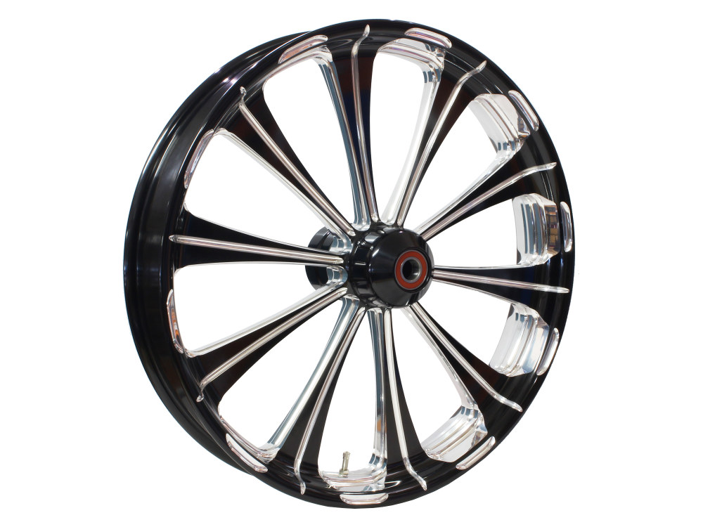 23in. x 3.50in. Revel Wheel with Front Hub – Black Contrast Cut Platinum. Fits Fat Boy 2018up with ABS.