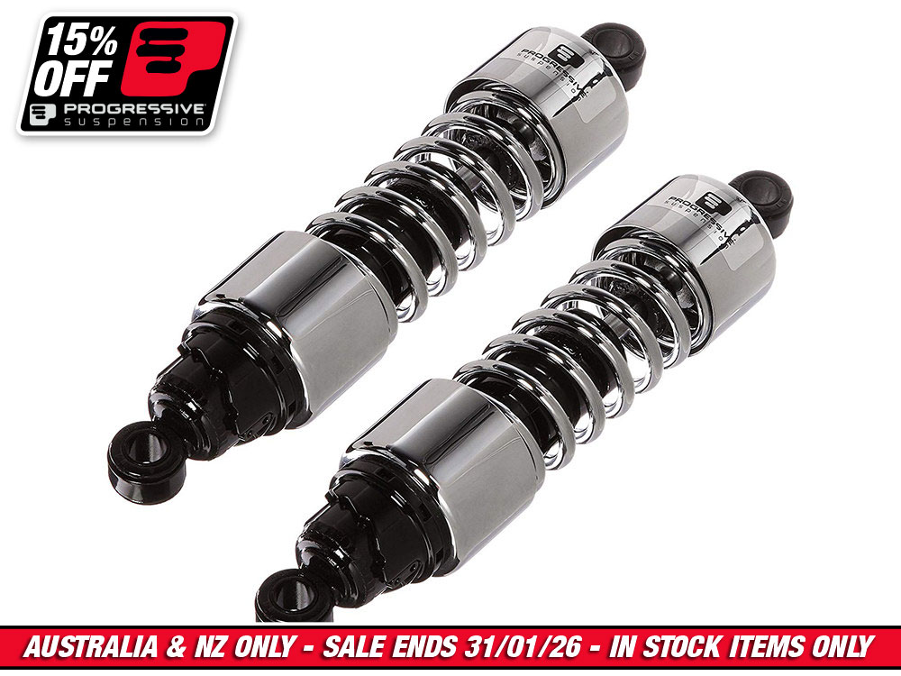 412 Series, 13.5in. Standard Spring Rate Rear Shock Absorbers - Chrome. Fits Touring 1980-2005, Sportster 1979-2003 & FXR 1982-1994.