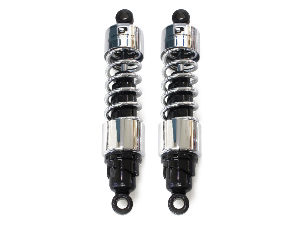 412 Series, 13in. Heavy Duty Spring Rate Rear Shock Absorbers – Chrome. Fits Touring 1980-2005, Sportster 1979-2003 & FXR 1982-1994.