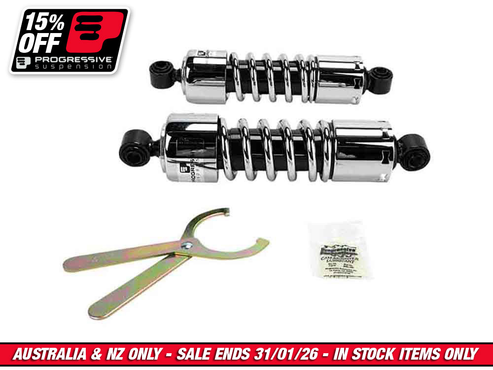 412 Series, 11in. Standard Spring Rate Rear Shock Absorbers - Chrome. Fits Dyna 1991-2017 & FLD 2012up.