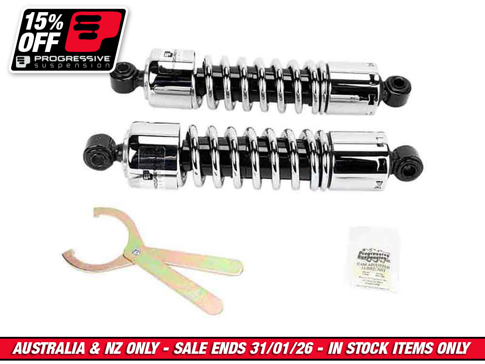 412 Series, 12.6in. Standard Spring Rate Rear Shock Absorbers - Chrome. Fits Dyna 1991-2017.