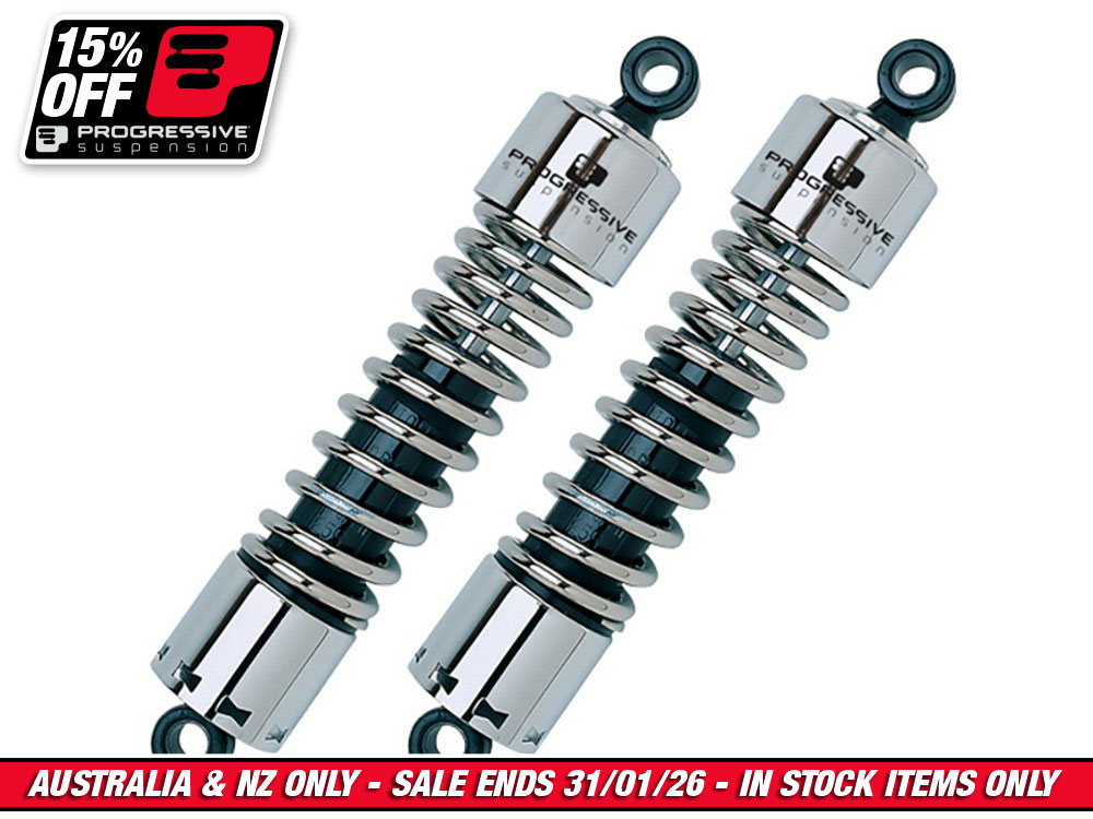 412 Series, 12in. Standard Spring Rate Rear Shock Absorbers - Chrome. Fits Touring 1980-2005, Sportster 1979-2003 & FXR 1982-1994.