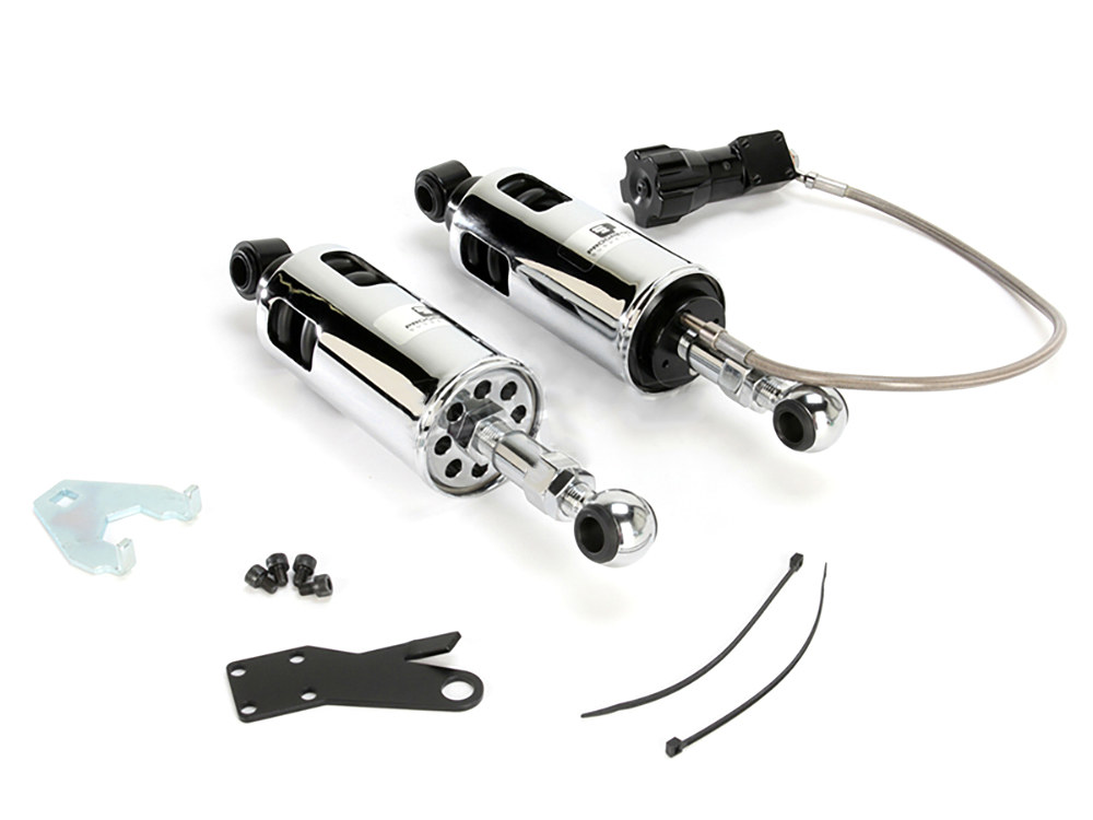 422 Series, Heavy Duty Spring Rate Rear Shock Absorbers with Remote Adjustable Preload – Chrome. Fits Softail 1989-1999.