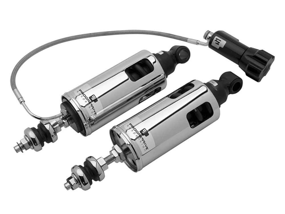 422 Series, Heavy Duty Spring Rate Rear Shock Absorbers with Remote Adjustable Preload – Chrome. Fits Softail  2000-2017.