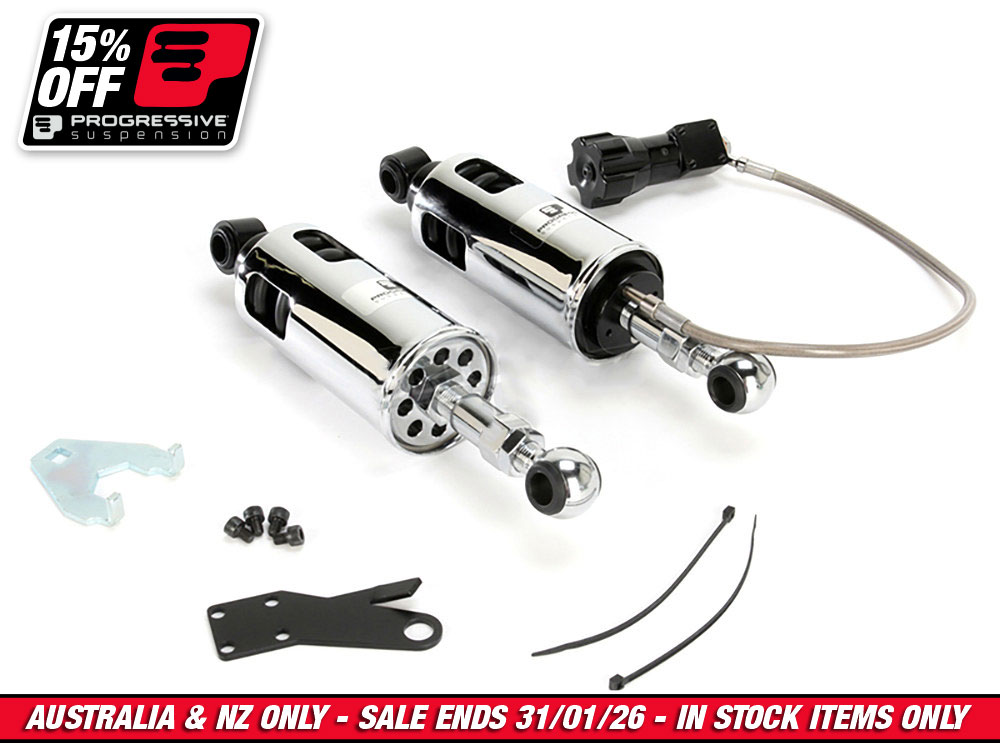 422 Series, Standard Spring Rate Rear Shock Absorbers with Remote Adjustable Preload - Chrome. Fits Softail 1989-1999.