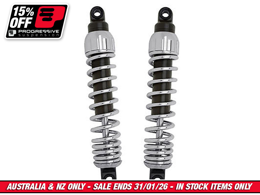 444 Series, 13in. Standard Spring Rate Rear Shock Absorbers - Chrome. Fits Touring 1980up, Sportster 1979-2003 & FXR 1982-1994.