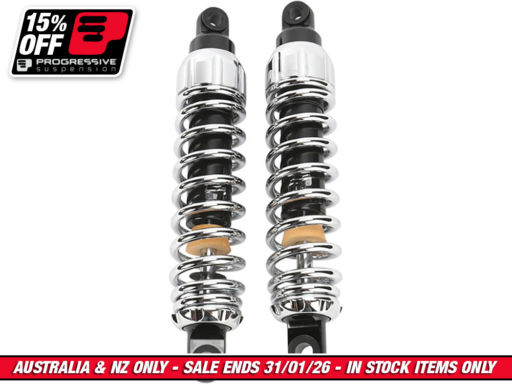 444 Series, 12.5in. Standard Spring Rate Rear Shock Absorbers - Chrome. Fits Dyna 1991-2017.