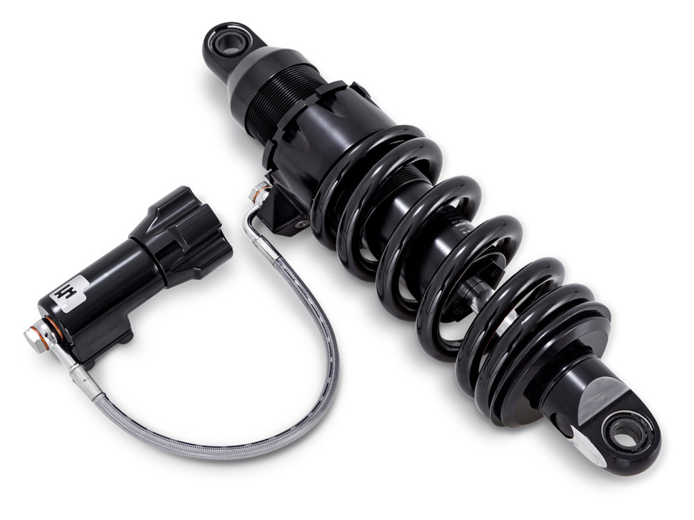 465 Series, 13.5in. Standard Spring Rate Rear Shock Absorber with Remote Adjustable Preload – Black. Fits Softail 2018up.