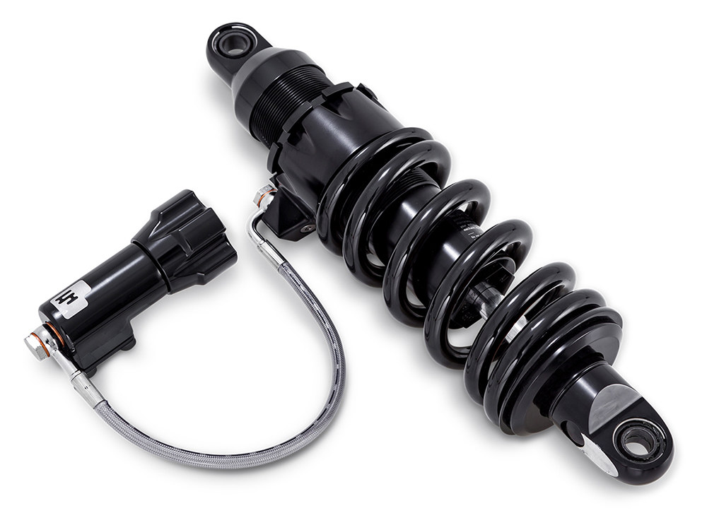 465 Series, 13.5in. Standard Spring Rate Rear Shock Absorber with Remote Adjustable Preload - Black. Fits Softail 2018up.