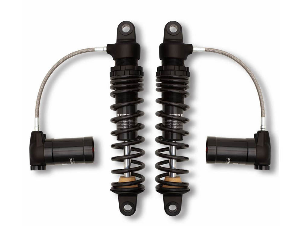 970 Series, 13in. Standard Spring Rate Rear Shock Absorbers with Remote Reservoir – Black. Fits Touring 1980up with 5 Speed Transmission.