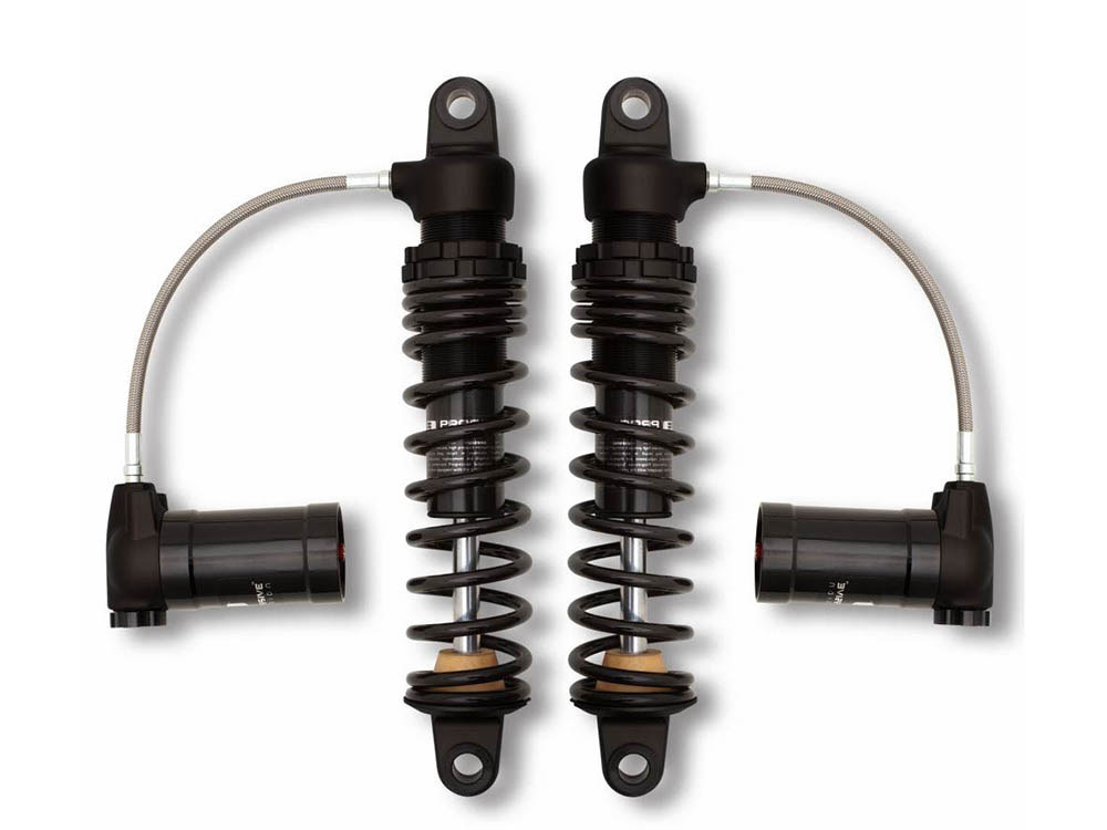 970 Series, 12in. Standard Spring Rate Rear Shock Absorbers with Remote Reservoir - Black. Fits Touring 1980up with 5 or 6 Speed Transmission.
