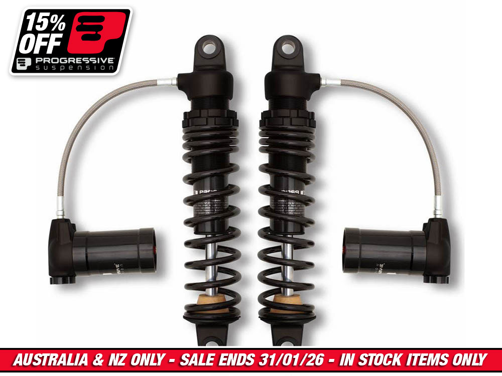 970 Series, 12in. Standard Spring Rate Rear Shock Absorbers with Remote Reservoir - Black. Fits Touring 1980up with 5 or 6 Speed Transmission.