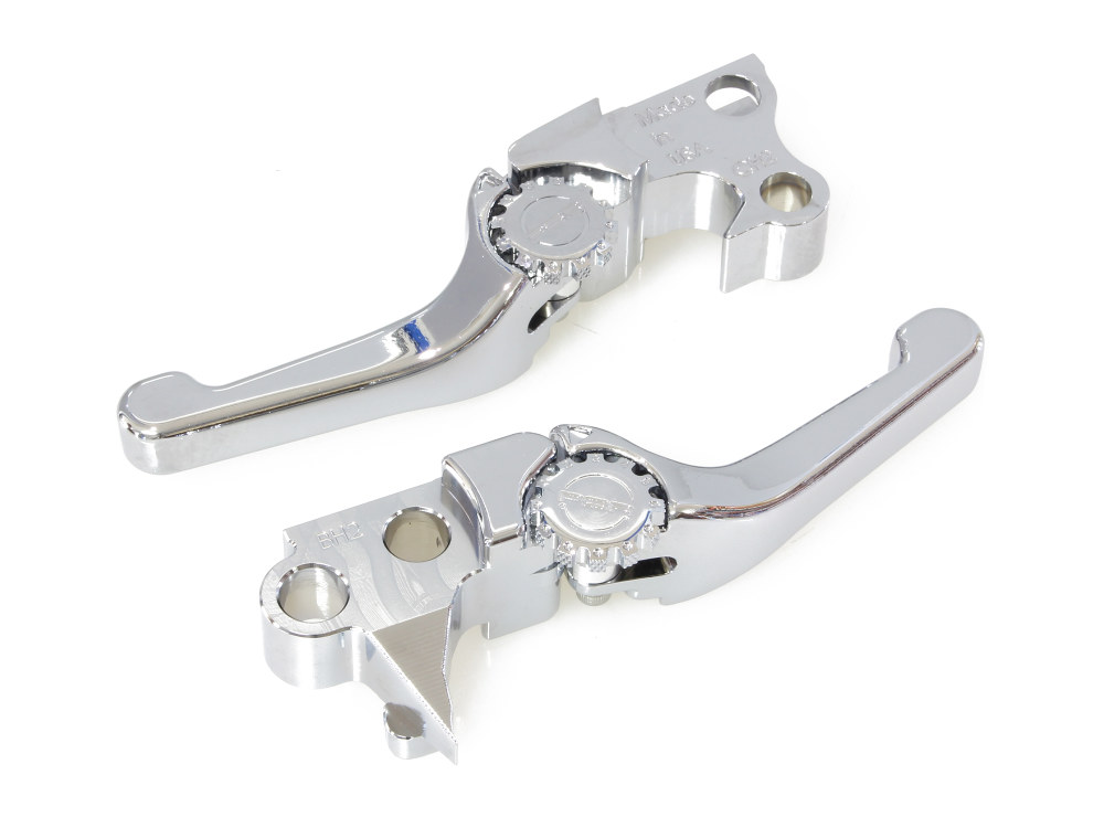 Adjustable Shorty Anthem Levers – Chrome. Fits Softail 1996-2014, Dyna 1996-2017, Touring 1996-2007, Sportster 1996-2003.