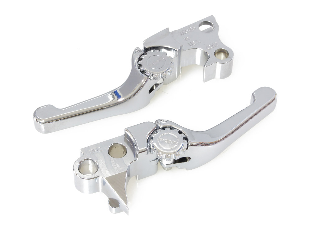 Adjustable Shorty Anthem Levers - Chrome. Fits Softail 1996-2014, Dyna 1996-2017, Touring 1996-2007, Sportster 1996-2003.