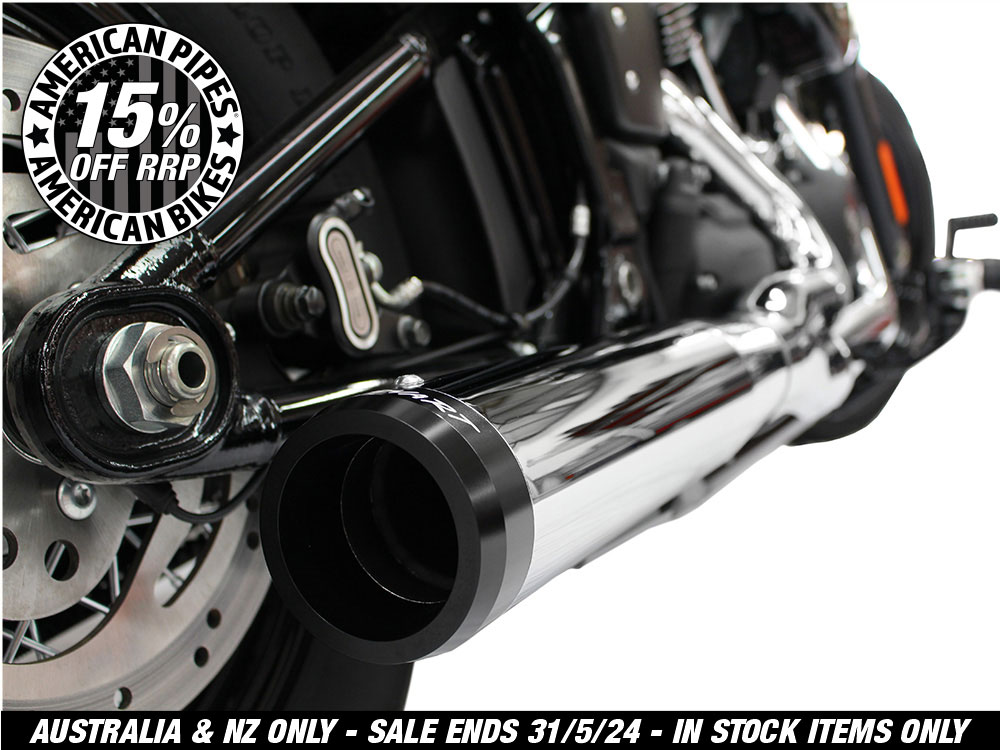 2-into-1 Exhaust - Chrome with Black End Cap. Fits Deluxe, Softail Slim, Street Bob, Low Rider & Fat Bob 2018up & Standard 2020up.