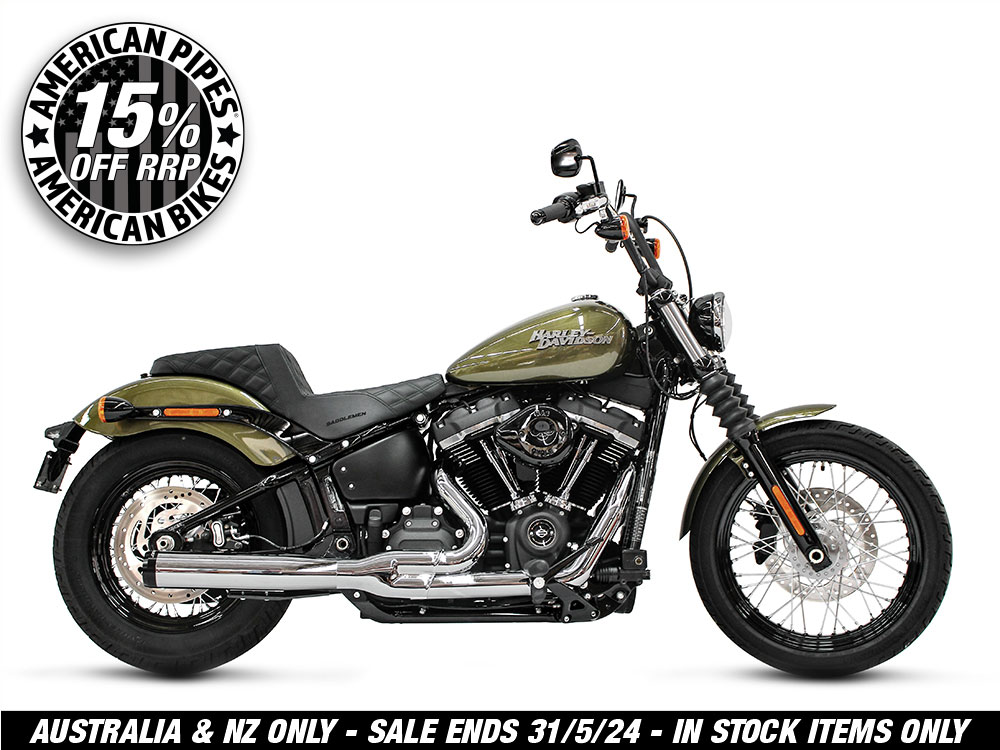 2-into-1 Exhaust – Chrome with Black End Cap. Fits Deluxe, Softail Slim, Street Bob, Low Rider & Fat Bob 2018up & Standard 2020up.