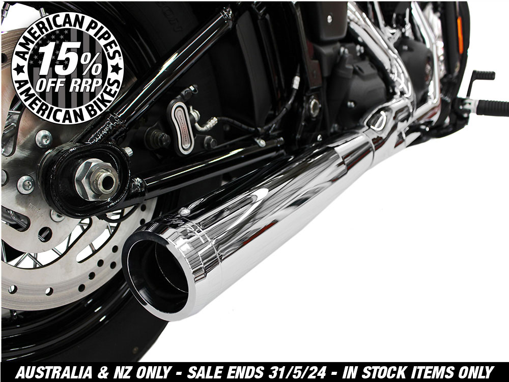 2-into-1 Exhaust - Chrome with Chrome End Cap. Fits Deluxe, Softail Slim, Street Bob, Low Rider, Fat Bob 2018up & Standard 2020up.